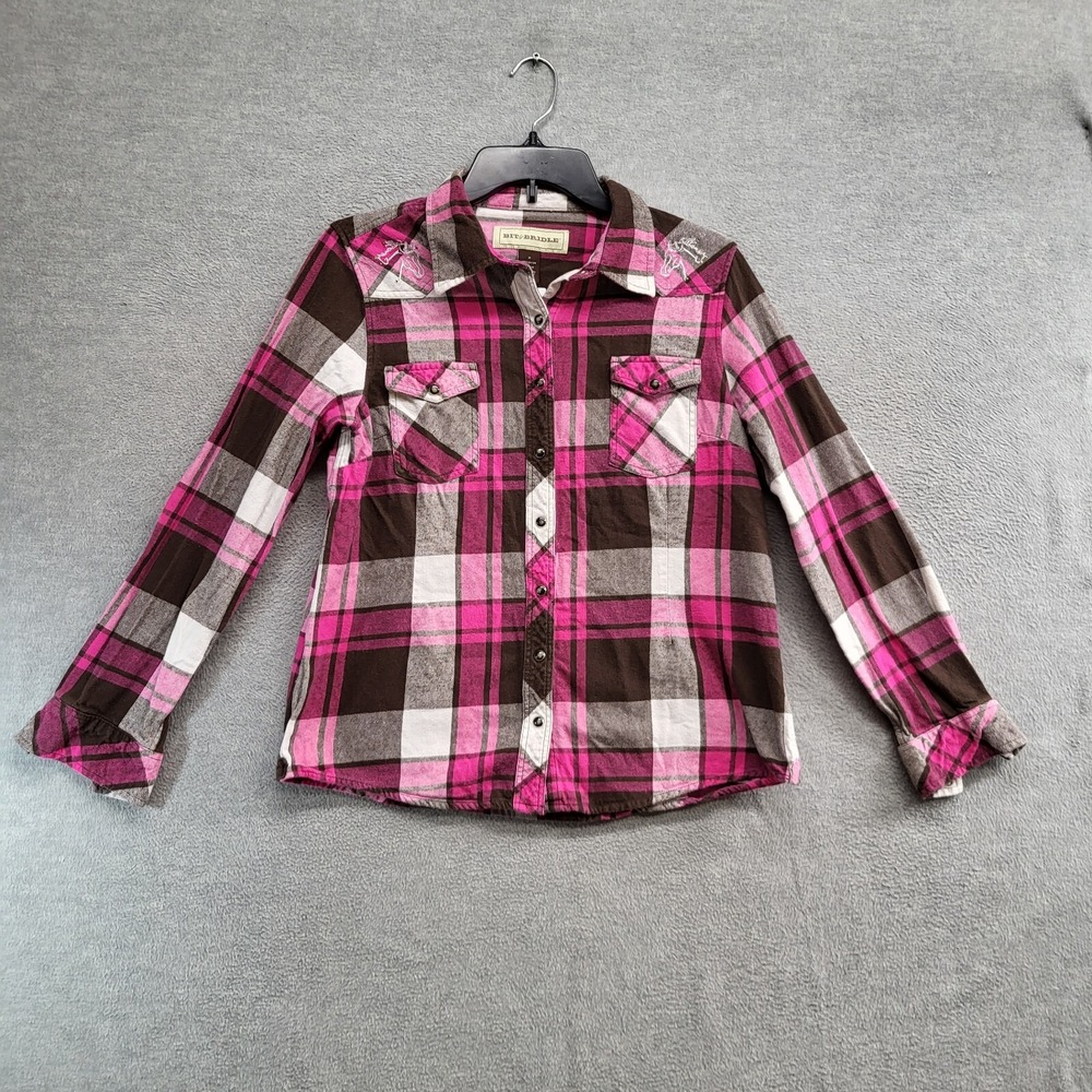 Bit & Bridle Women Top M Pink Plaid Button Up Flannel Western Pearl Snap Horse